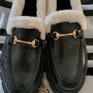 NY$C Black Faux-Fur Lined Loafers with Gold Bit